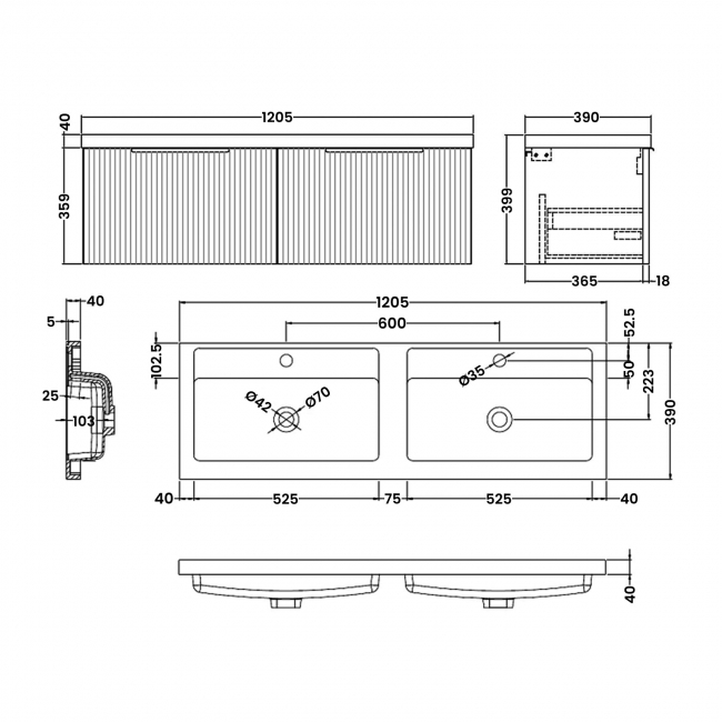 Hudson Reed Fluted Wall Hung 2-Drawer Vanity Unit with Double Polymarble Basin 1200mm Wide - Satin Anthracite