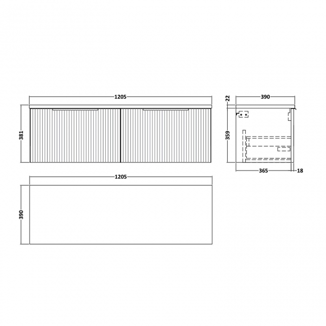 Hudson Reed Fluted Wall Hung 2-Drawer Vanity Unit with Sparkling White Worktop 1200mm Wide - Satin Anthracite