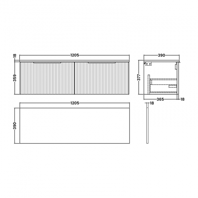 Hudson Reed Fluted Wall Hung 2-Drawer Vanity Unit with Worktop 1200mm Wide - Satin Green