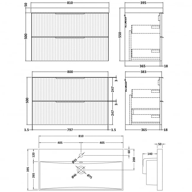 Hudson Reed Fluted Wall Hung 2-Drawer Vanity Unit with Basin 3 800mm Wide - Satin Anthracite