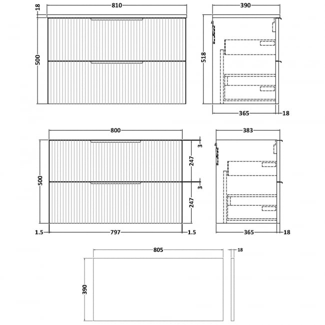 Hudson Reed Fluted Wall Hung 2-Drawer Vanity Unit with Worktop 800mm Wide - Satin Anthracite