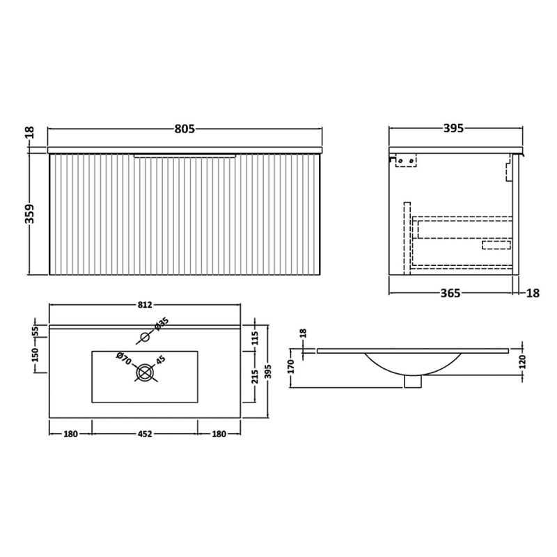 Hudson Reed Fluted Wall Hung 1-Drawer Vanity Unit with Basin 2 800mm Wide - Satin Anthracite