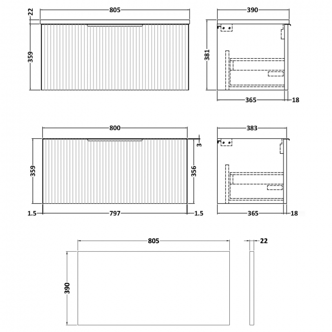 Hudson Reed Fluted Wall Hung 1-Drawer Vanity Unit with Sparkling Black Worktop 800mm Wide - Satin White