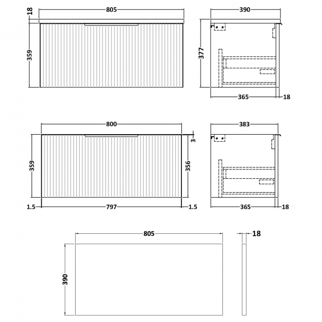 Hudson Reed Fluted Wall Hung 1-Drawer Vanity Unit with Worktop 800mm Wide - Satin White