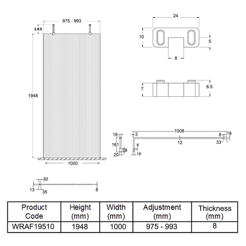 Hudson Reed Fluted Wet Room Screen with Support Arm and Feet 1000mm Wide - 8mm Glass