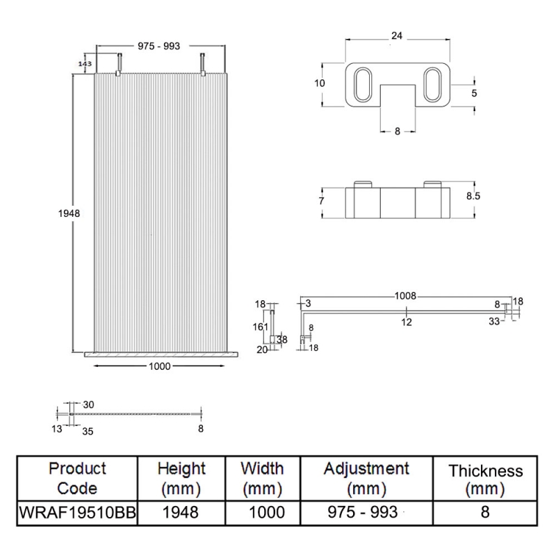 Hudson Reed Fluted Wet Room Screen with Brushed Brass Support Arm and Feet 1000mm Wide - 8mm Glass