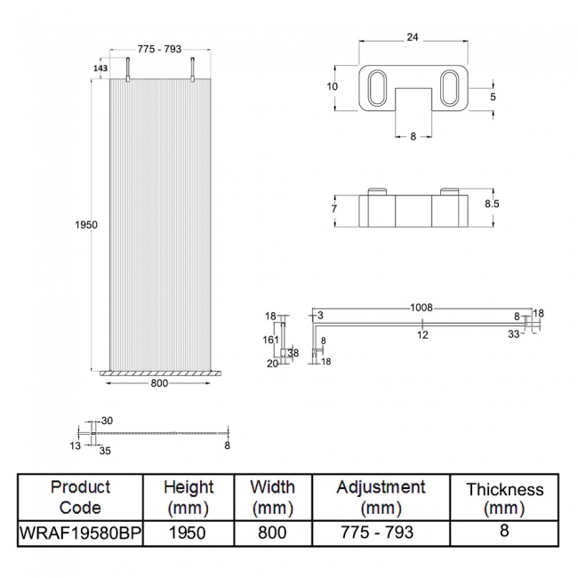 Hudson Reed Fluted Wet Room Screen with Matt Black Support Arm and Feet 800mm Wide - 8mm Glass