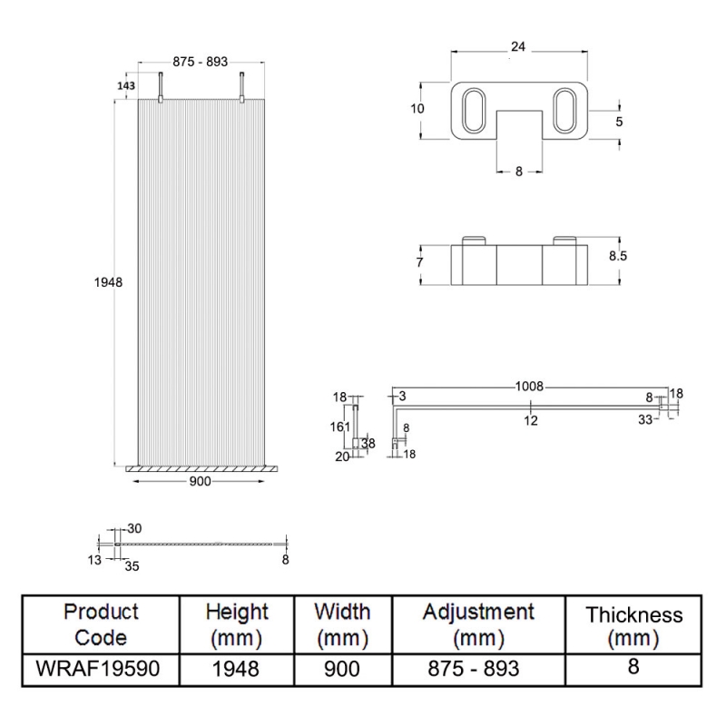 Hudson Reed Fluted Wet Room Screen with Support Arm and Feet 900mm Wide - 8mm Glass