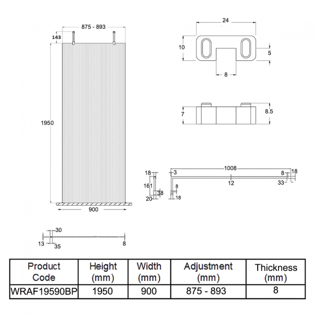 Hudson Reed Fluted Wet Room Screen with Matt Black Support Arm and Feet 900mm Wide - 8mm Glass