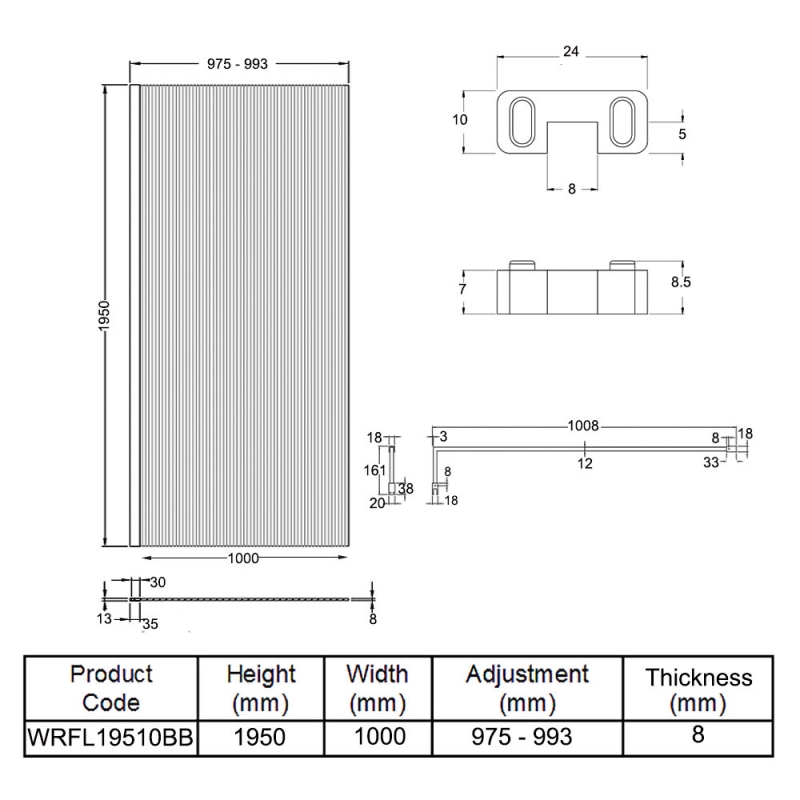 Hudson Reed Fluted Brushed Brass Profile Wet Room Screen with Support Bar 1000mm Wide - 8mm Glass