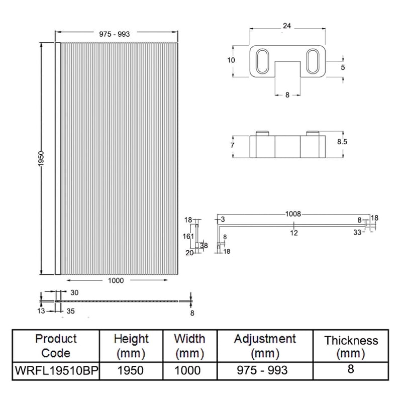 Hudson Reed Fluted Matt Black Profile Wet Room Screen with Support Bar 1000mm Wide - 8mm Glass