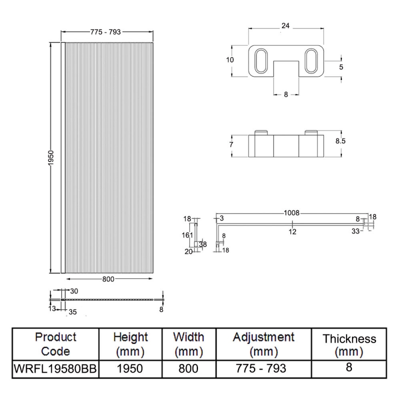 Hudson Reed Fluted Brushed Brass Profile Wet Room Screen with Support Bar 800mm Wide - 8mm Glass