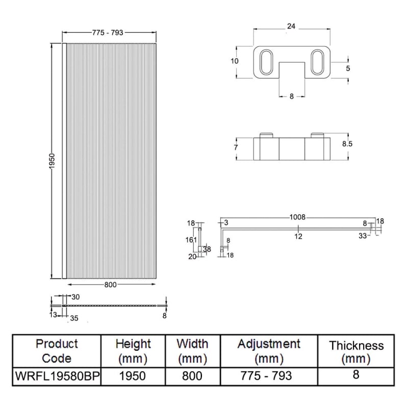 Hudson Reed Fluted Matt Black Profile Wet Room Screen with Support Bar 800mm Wide - 8mm Glass