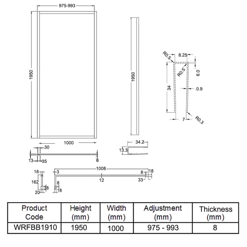 Hudson Reed Full Outer Framed Wetroom Screen 1000mm W x 1950mm H with Support Bar 8mm Glass - Brushed Brass