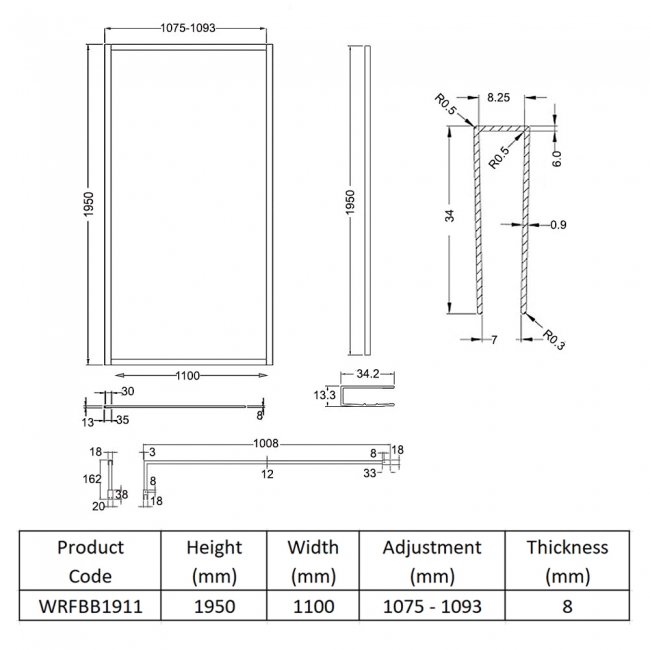 Hudson Reed Full Outer Framed Wetroom Screen 1100mm W x 1950mm H with Support Bar 8mm Glass - Brushed Brass