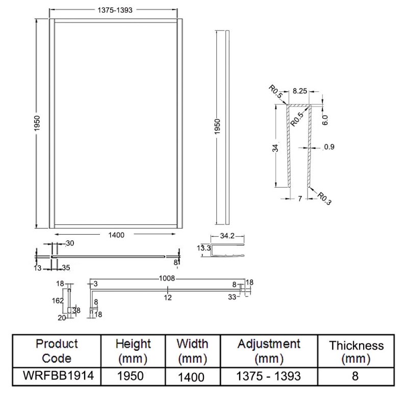 Hudson Reed Full Outer Framed Wetroom Screen 1400mm W x 1950mm H with Support Bar 8mm Glass - Brushed Brass