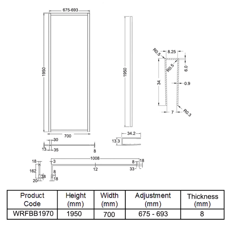 Hudson Reed Full Outer Framed Wetroom Screen 700mm W x 1950mm H with Support Bar 8mm Glass - Brushed Brass