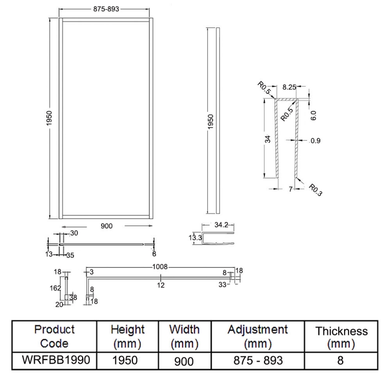 Hudson Reed Full Outer Framed Wetroom Screen 900mm W x 1950mm H with Support Bar 8mm Glass - Brushed Brass