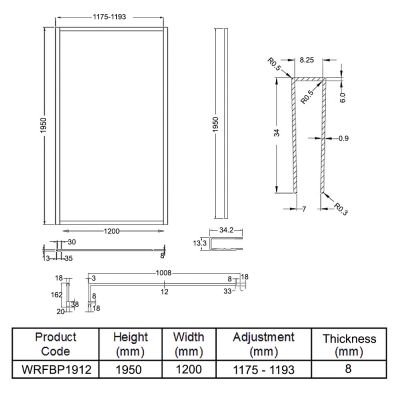 Hudson Reed Full Outer Framed Wetroom Screen 1200mm W x 1950mm H with Support Bar 8mm Glass - Matt Black