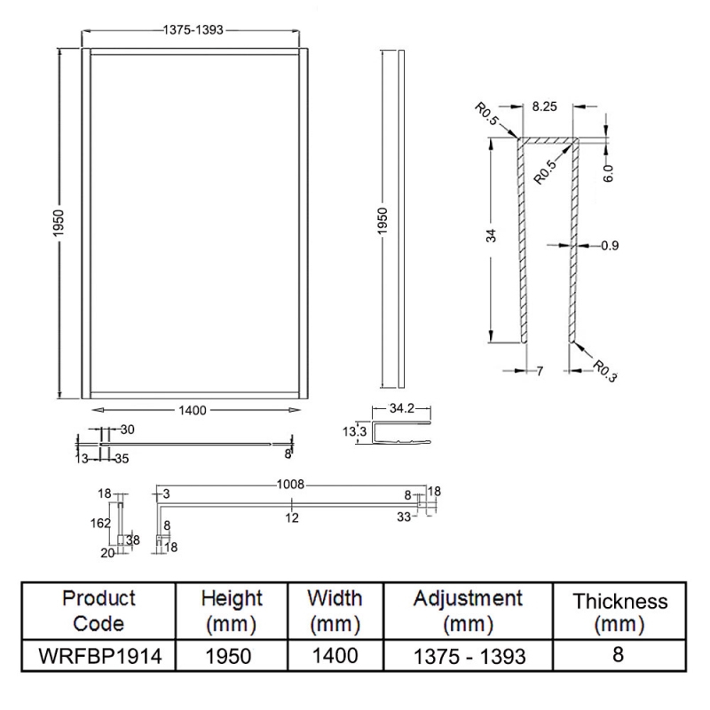 Hudson Reed Full Outer Framed Wetroom Screen 1400mm W x 1950mm H with Support Bar 8mm Glass - Matt Black