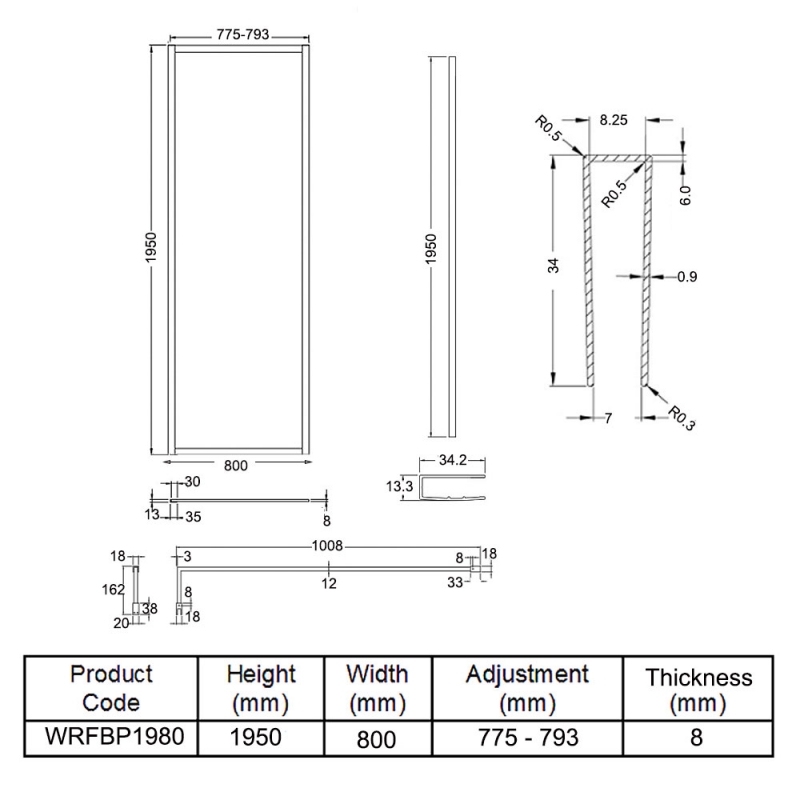 Hudson Reed Full Outer Frame Wet Room Panel | WRFBP1980 | 800mm | 8mm ...