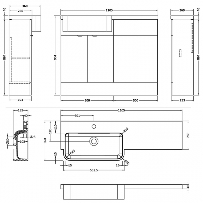 Hudson Reed Fusion LH Combination Unit with Round Semi Recessed Basin 1100mm Wide - Gloss Grey