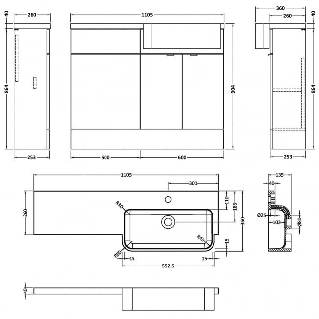 Hudson Reed Fusion RH Combination Unit with Round Semi Recessed Basin 1100mm Wide - Gloss Grey