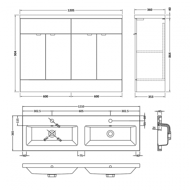 Hudson Reed Fusion Floor Standing 4-Door Vanity Unit with Double Ceramic Basin 1200mm Wide - Gloss White