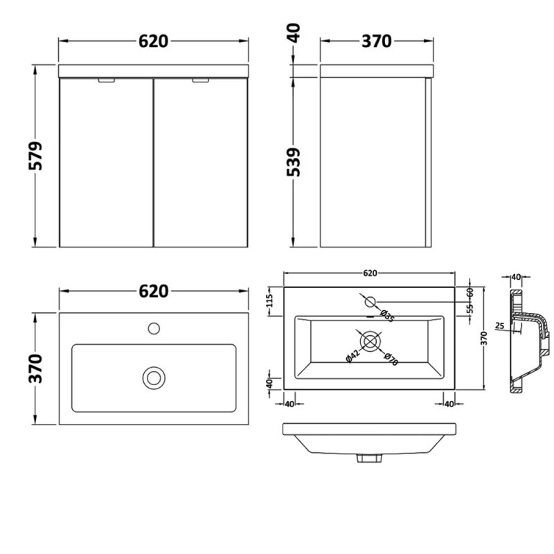 Hudson Reed Fusion Wall Hung 2-Door Vanity Unit with Ceramic Basin 600mm Wide - Anthracite Woodgrain