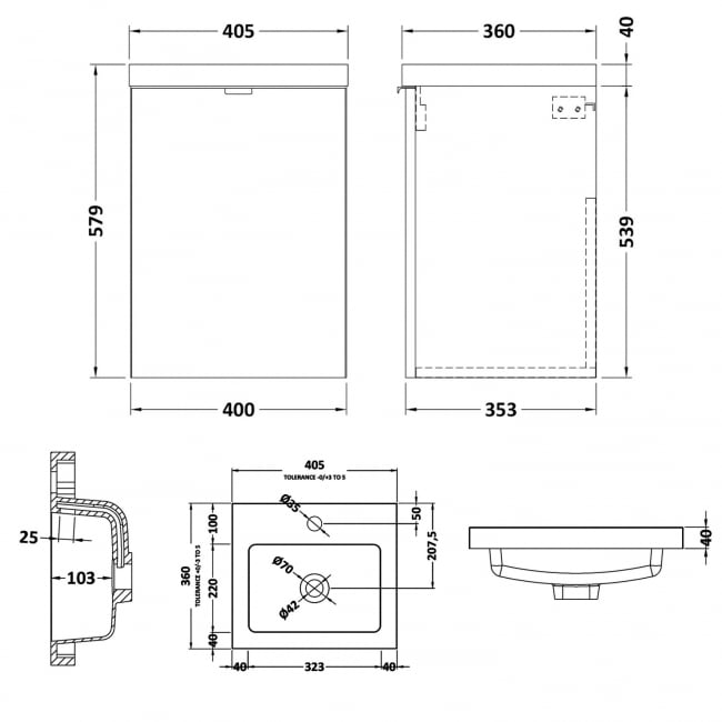 Hudson Reed Fusion Wall Hung 1-Door Vanity Unit with Basin 400mm Wide - Charcoal Black Woodgrain