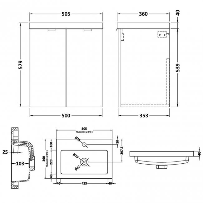 Hudson Reed Fusion Wall Hung 2-Door Vanity Unit with Basin 500mm Wide - Gloss Grey