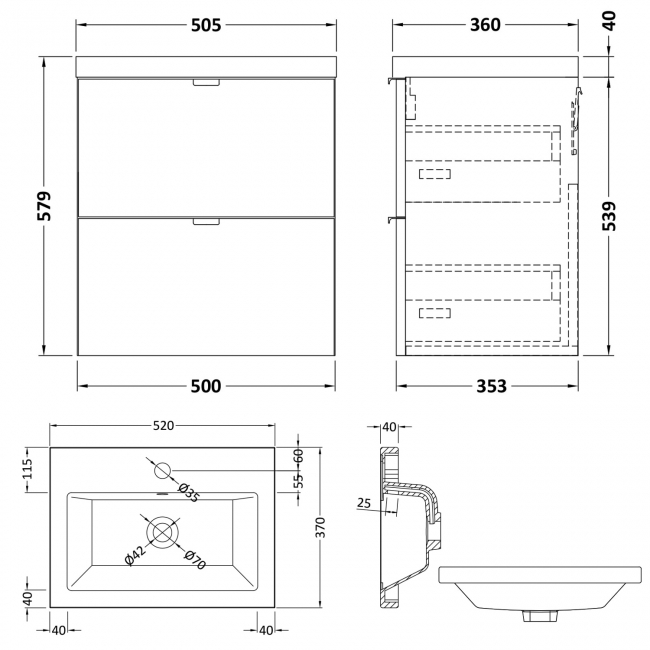 Hudson Reed Fusion Wall Hung 2-Drawer Vanity Unit with Ceramic Basin 500mm Wide - Gloss White