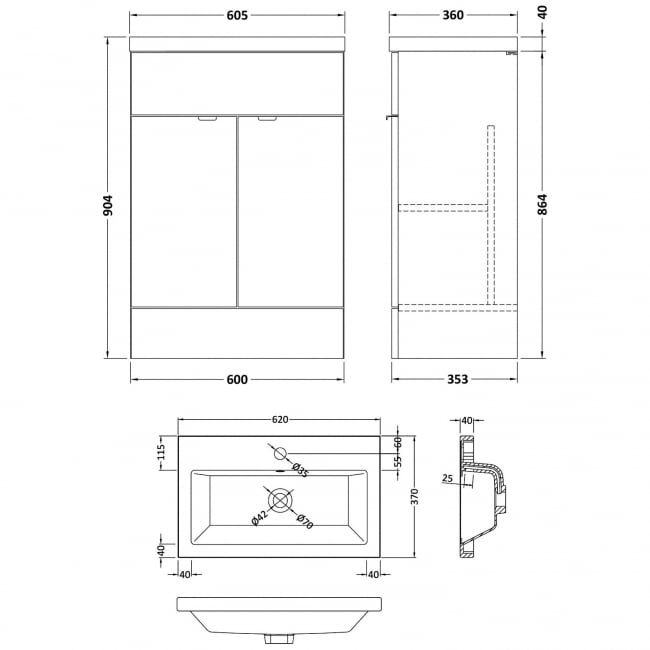 Hudson Reed Fusion Floor Standing Vanity Unit with Ceramic Basin 600mm Wide - Charcoal Black Woodgrain