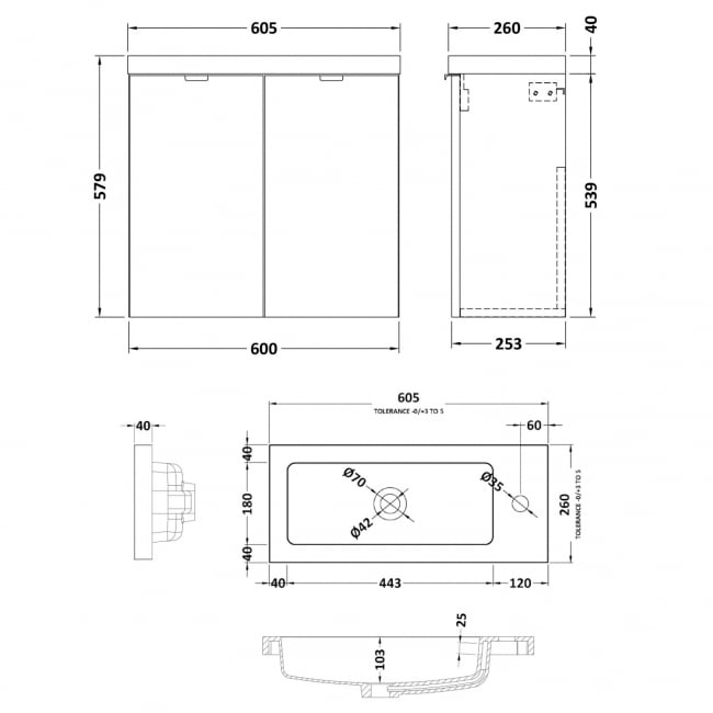 Hudson Reed Fusion Wall Hung 2-Door Vanity Unit with Compact Basin 600mm Wide - Charcoal Black Woodgrain