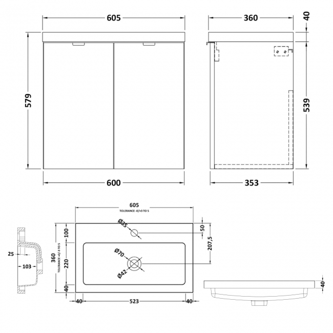 Hudson Reed Fusion Wall Hung 2-Door Vanity Unit with Basin 600mm Wide - Gloss White