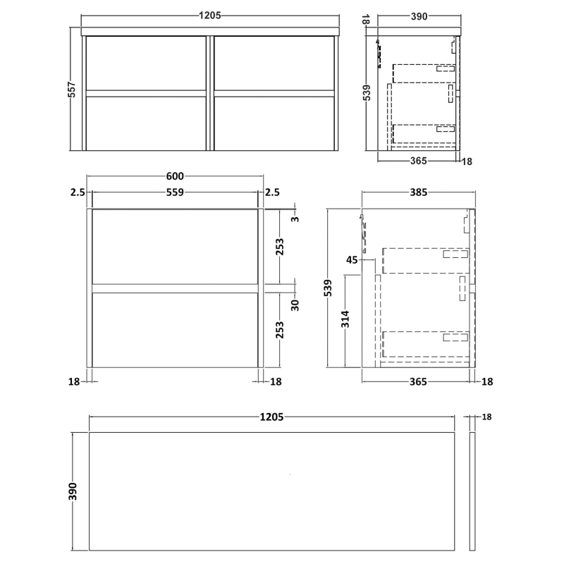 Havana Wall Hung 4-Drawer Vanity Unit with Worktop 1200mm Wide - Coastal Grey