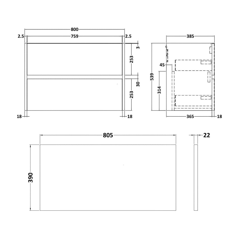 Havana Wall Hung 2-Drawer Vanity Unit with Sparkling Black Worktop 800mm Wide - Coastal Grey