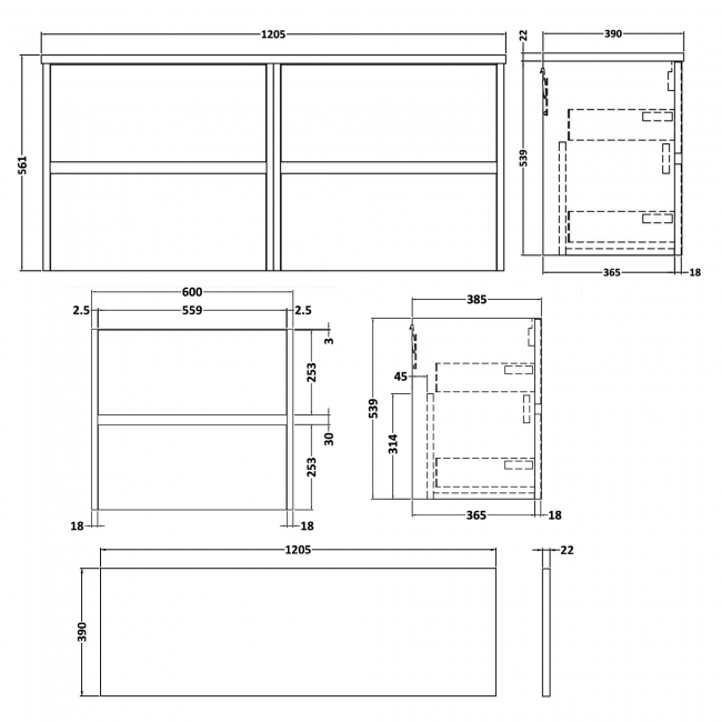 Havana Wall Hung 4-Drawer Vanity Unit with Carrera Marble Worktop 1200mm Wide - Coastal Grey