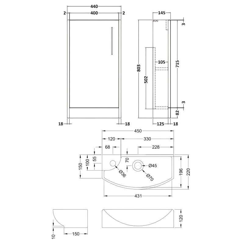 Hudson Reed Juno Compact RH Floor Standing Vanity Unit and Basin 440mm Wide - Coastal Grey