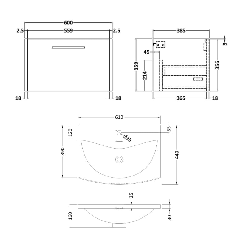 Hudson Reed Juno Wall Hung 1-Drawer Vanity Unit with Basin 4 600mm Wide - Graphite Grey