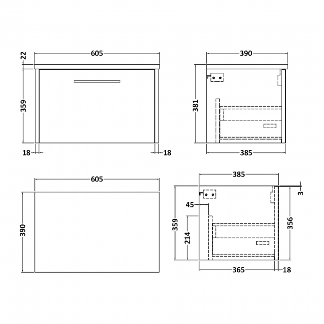 Hudson Reed Juno Wall Hung 1-Drawer Vanity Unit with Bellato Grey Worktop 600mm Wide - Autumn Oak