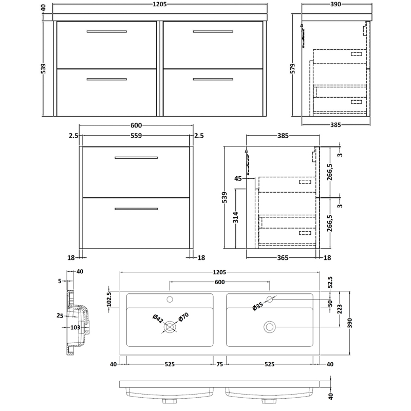 Hudson Reed Juno Wall Hung 4-Drawer Vanity Unit with Double Polymarble Basin 1200mm Wide - Graphite Grey