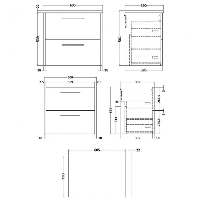 Hudson Reed Juno Wall Hung 2-Drawer Vanity Unit with Sparkling Black Worktop 600mm Wide - Graphite Grey