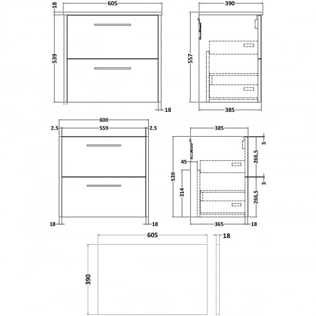 Hudson Reed Juno Wall Hung 2-Drawer Vanity Unit with Worktop 600mm Wide - Metallic Slate