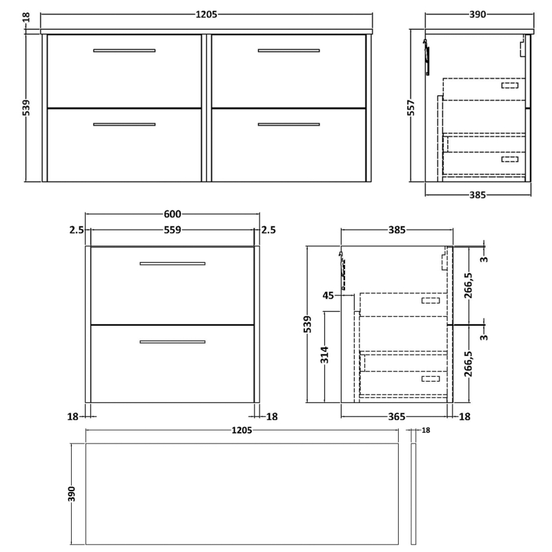 Hudson Reed Juno Wall Hung 4-Drawer Vanity Unit with Worktop 1200mm Wide - Graphite Grey