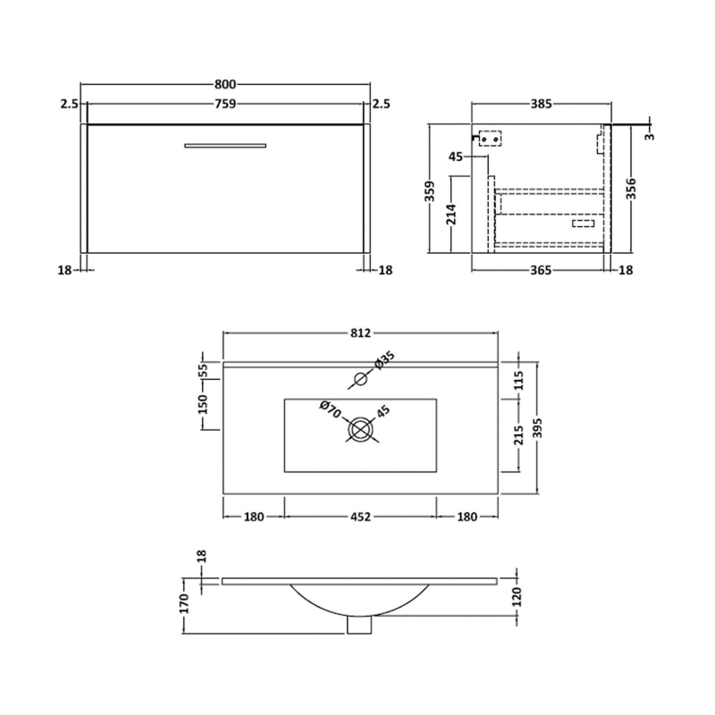 Hudson Reed Juno Wall Hung 1-Drawer Vanity Unit with Basin 2 800mm Wide - Metallic Slate