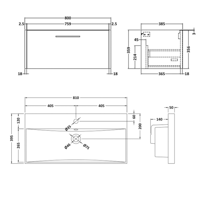 Hudson Reed Juno Wall Hung 1-Drawer Vanity Unit with Basin 3 800mm Wide - Graphite Grey