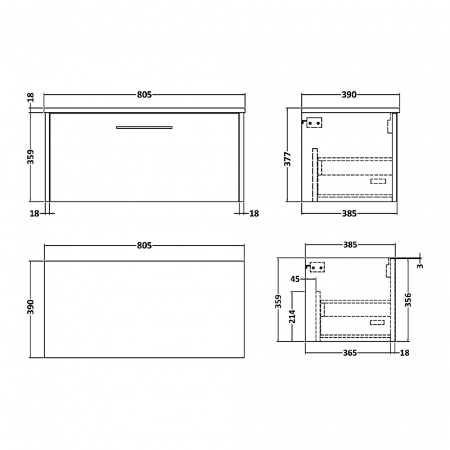 Hudson Reed Juno Wall Hung 1-Drawer Vanity Unit with Worktop 800mm Wide - Metallic Slate