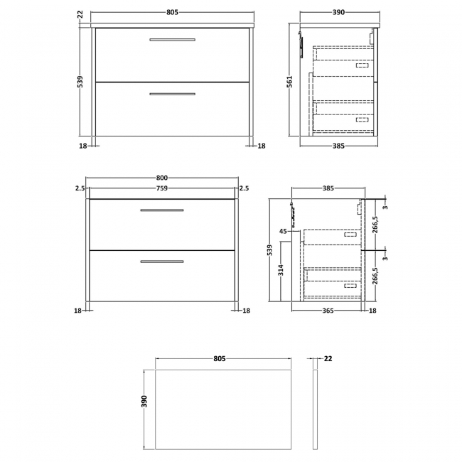 Hudson Reed Juno Wall Hung 2-Drawer Vanity Unit with Sparkling Black Worktop 800mm Wide - Autumn Oak