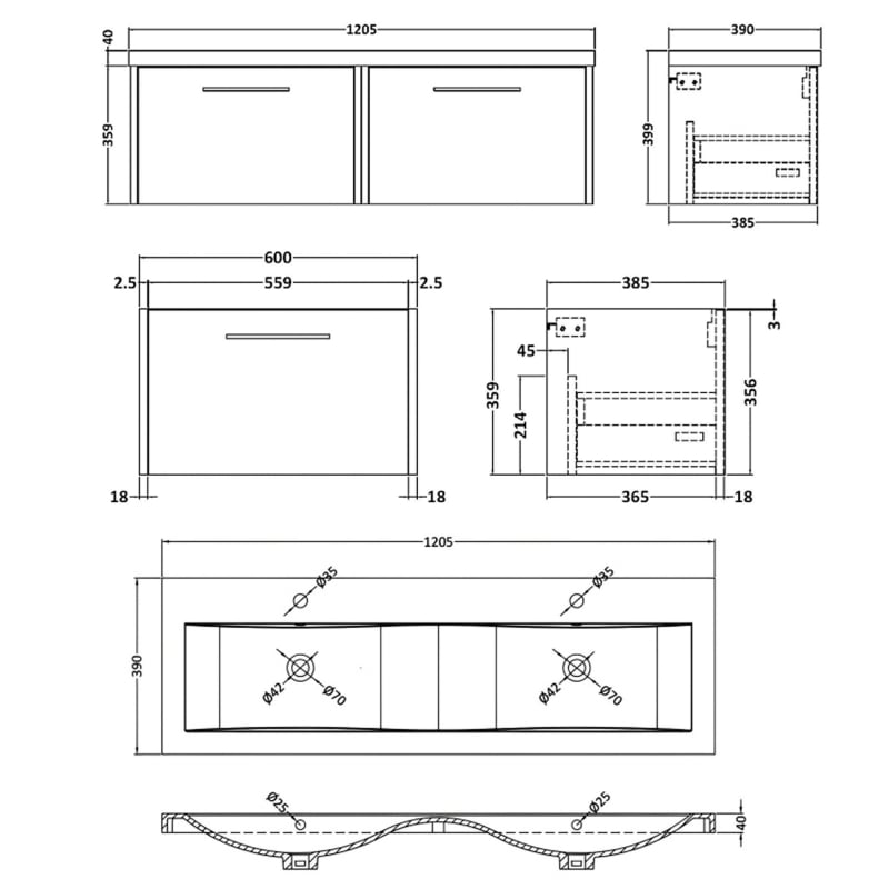 Hudson Reed Juno Wall Hung 2-Drawer Vanity Unit with Double Ceramic Basin 1200mm Wide - Coastal Grey